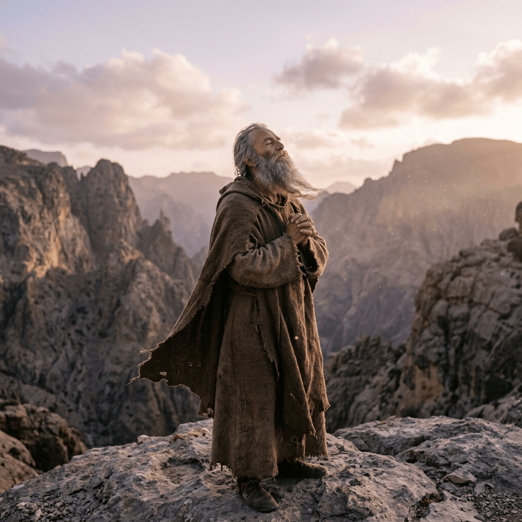 Elderly man with long beard and brown cloak praying on rocky mountain peak